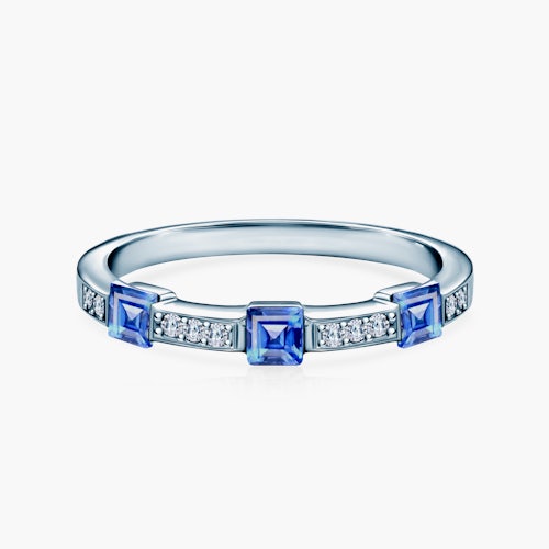 Pierścionek SAVICKI: białe złoto, niebieskie szafiry, diamenty